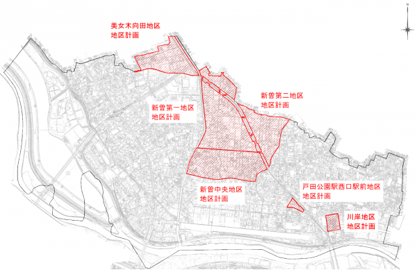 戸田市内の地区計画位置図