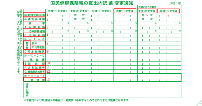 国民健康保険税納税通知書2枚目(国民健康保険税の算出内訳兼変更通知)